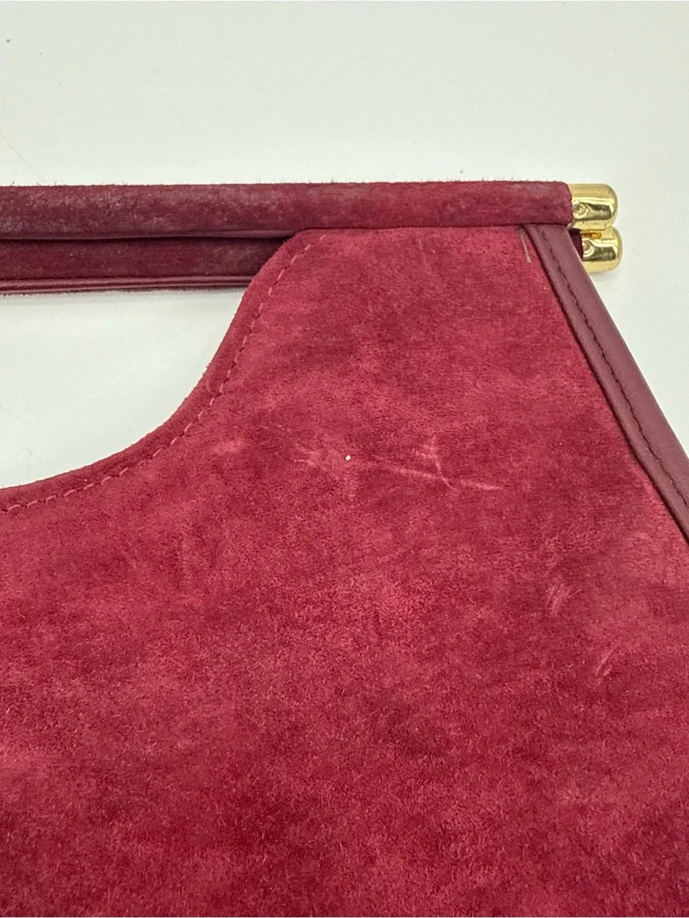 Vintage Burgundy Suede Top Handle Handbag Gold Hardware Structured Purse